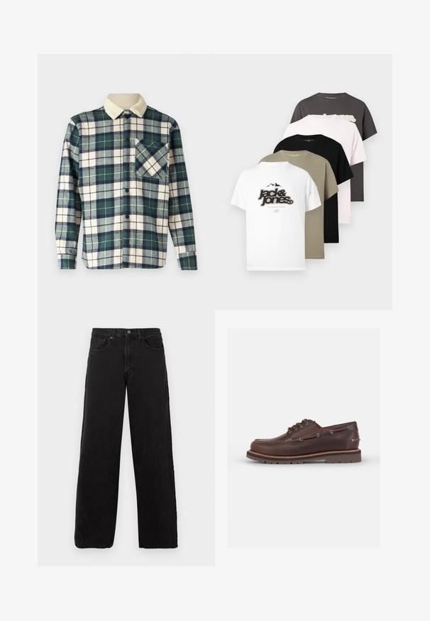 Tumedal pliiidiga särk tumeroheline ja kreemja värviga, pehme fliisist kaelusega. Omab nööpidega sulgemist ja rinnaeke lauke diagonaalsete mustritega.; Viis lühikeste varrukatega T-särki valges, mustas, oliivrohelises, helesinises ja tum halls. Puuvillane materjal erinevate logo kujundustega ees.; Mustad denimi pükste sirge jalaga disain, viie tasku stiil ja nööbiga sulgemine. Tekstuuriga kangas ja minimalistik esteetika.; Pruunist nahast paadikingad, ümarate varvastega, kuu silmaga, kontrastsetel õmblustel ja tekstureeritud kummitald.