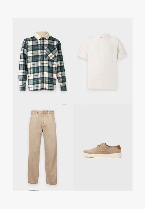 Skjorte i ternet mørkegrøn og creme med en blød fleecekrave. Har knaplukning og en brystlomme med et diagonalt mønster.; Hvid kortærmet T-shirt i ribbet tekstur. Rund halsudskæring, løs pasform, ingen synlige mønstre eller accenter. Enkel og alsidig design.; Beige denimjeans med lige bendesign, med forlommer, metalknaplukning og subtil struktur.; Beige ruskinds sneakers med rund tå, snørebånd foran og en struktureret rygdetalje. Hvid gummisål giver kontrast. Enkel og moderne design.