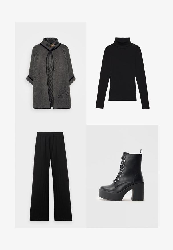 VILA VICEMRE - Poncho - dark natural; Svart polokrage långärmad topp, tillverkad av ribbat tyg, har en figurnära design med hög hals och inga mönster eller accenter.; Svarta byxor med vida ben gjorda av bomullstyg. Har resår i midjan och en slät, texturerad yta. Inga synliga mönster eller detaljer.; Svart läderankelboot med en kraftig blockklack, snörning framtill och texturerad yta. Har en flik på baksidan för enkel påtagning.