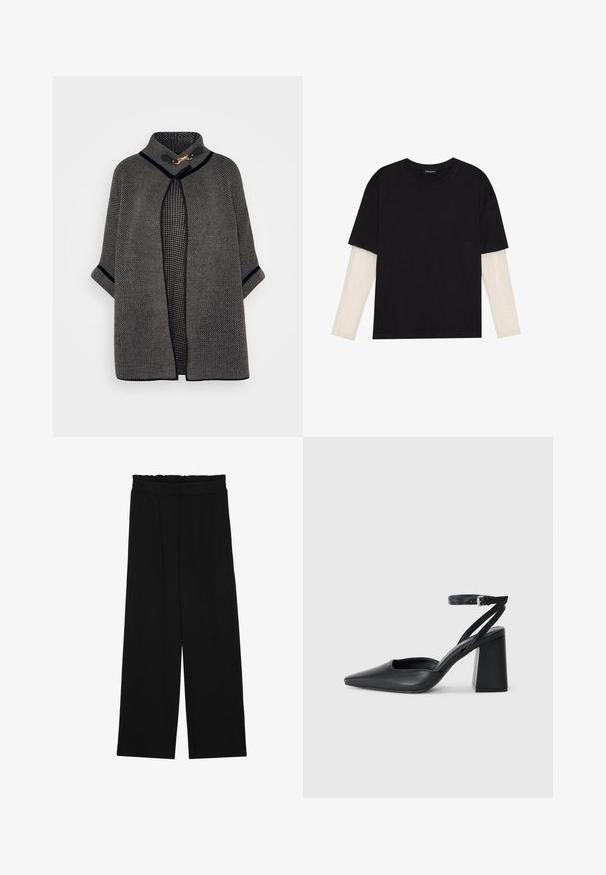 VILA VICEMRE - Capa - dark natural; T-shirt preta de algodão, com mangas curtas sobre uma camada de mangas longas branca com um padrão texturizado subtil. Design de decote redondo.; Calças largas pretas com um cinto franzido, apresentando dois bolsos laterais e um tecido suave e leve. Sem padrões ou ferragens visíveis.; Sandal com biqueira afilada em couro preto, com cinta no tornozelo e salto grosso. Textura lisa, design elegante e estética minimalista.