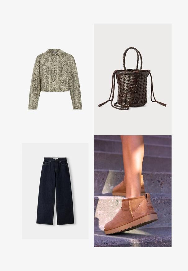 Zkrátená bunda s hadím vzorom, v béžovo-čiernej farebnej schéme, s predným uzatváraním na gombíky, špicatým golierom a dlhými rukávmi.; Žena so svetlo hnedými vlasmi, oblečená v voľnom šedom roláku a čiernych nohaviciach, stojí na pozadí jasného svetlého pozadia.; Tmavomodré denimové nohavice s širokými nohavicami a vysokým pásom, s piatimi vreckami, kontrastným prešívaním a striebornými kovovými doplnkami. Hladká textúra a čisté prevedenie.; Hnedé semišové členkové topánky so svetlou textúrou, prešívanými detailmi a gumovou podrážkou, s pútkom na päte pre jednoduché obúvanie.; Kruhová pletená taška tmavohnedej farby, s vrkôčkovými rúčkami, sťahovaním na šnúrku a strapcovými detailmi. Vyrobená z flexibilného materiálu.