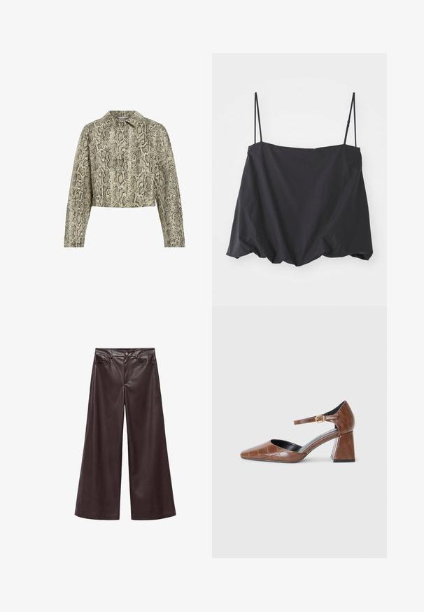 Kratka jakna v vzorcu kače, ki vključuje bež in črno barvno shemo, z gumbnim zapiranjem spredaj, koničastim ovratnikom in dolgimi rokavi.; Črna brezrokavna majica s tankimi naramnicami, ohlapen kroj in zbrani rob. Narejena iz lahkega blaga z gladko teksturo.; Rjave hlače širokega kroja iz umetnega usnja z visokim pasom, opremljene s sprednjimi žepi in klasičnim gumbom za zapiranje. Gladka tekstura in mat zaključek.; Rjavi lakirani čevlji na visoki peti z kvadratnim toejem, teksturiranim krokodilnim vzorcem, trakcem okoli gležnja z zlatim zaponko in debelim petom.