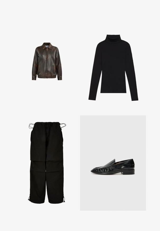 Bruine leren jas met een kraag, ritssluiting aan de voorzijde, twee zijzakken en een geribde tailleband, met een gladde textuur.; Zwarte turtleneck met lange mouwen, gemaakt van ribbelstof, heeft een aansluitend ontwerp met een hoge hals en geen patronen of accenten.; Zwarte broek van lichtgewicht stof, met een verstelbare tailleband en trekkoord aan de broekspijpen. Ontworpen met een losse, oversized pasvorm en meerdere zakken.; Billi Bi Mocassins - black