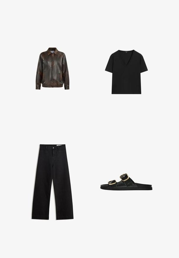 Bruine leren jas met een kraag, ritssluiting aan de voorzijde, twee zijzakken en een geribde tailleband, met een gladde textuur.; Zwarte T-shirt met korte mouwen en V-hals, met een eenvoudig, aansluitend ontwerp op een witte achtergrond.; Zwarte denim broek met wijde pijpen en een hoge taille, voorzien van voor- en achterzakken, gestikte naden en een knoopsluiting. Gladde textuur.; Zwarte slipper met twee gouden gesps, gladde textuur, platte zool en een minimalistisch ontwerp.