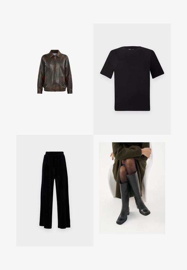 Jachetă din piele maro, cu guler, închidere cu fermoar în față, două buzunare laterale și manșete texturate, având o textură netedă.; Tricou scurt negru cu mânecă scurtă și guler rotund, realizat dintr-un material de bumbac moale. Design simplu, fără logo-uri sau modele vizibile.; Pantaloni negri cu picioare largi, din catifea moale, prevăzuți cu un corset elastic și o textură fină, fără detalii sau modele vizibile.; Cizme din piele neagră, până la genunchi, cu vârf pătrat și toc bloc, prezentate pe un model așezat într-o haină verde măsline. Textură netedă, detalii minime.