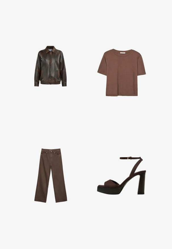 Smeđa kožna jakna s ovratnikom, prednjim zatvaračem, dvije bočne džepove i rebrastim pojasom, s glatkom teksturom.; Smeđi kratki rukav majica od mekog materijala, s okruglim izrezom i opuštenim krojem. Nema vidljivih uzoraka ili naglasaka.; Proširene smeđe traperice od denima, s visokim strukom, prednjim džepovima i klasičnom kopčom na dugme. Glatka tekstura s suptilnim šavovima.; Smeđe zamšaste sandale s visokim potpeticama, otvorenim prstima, podesivom trakicom oko gležnja i prugastom platformom.