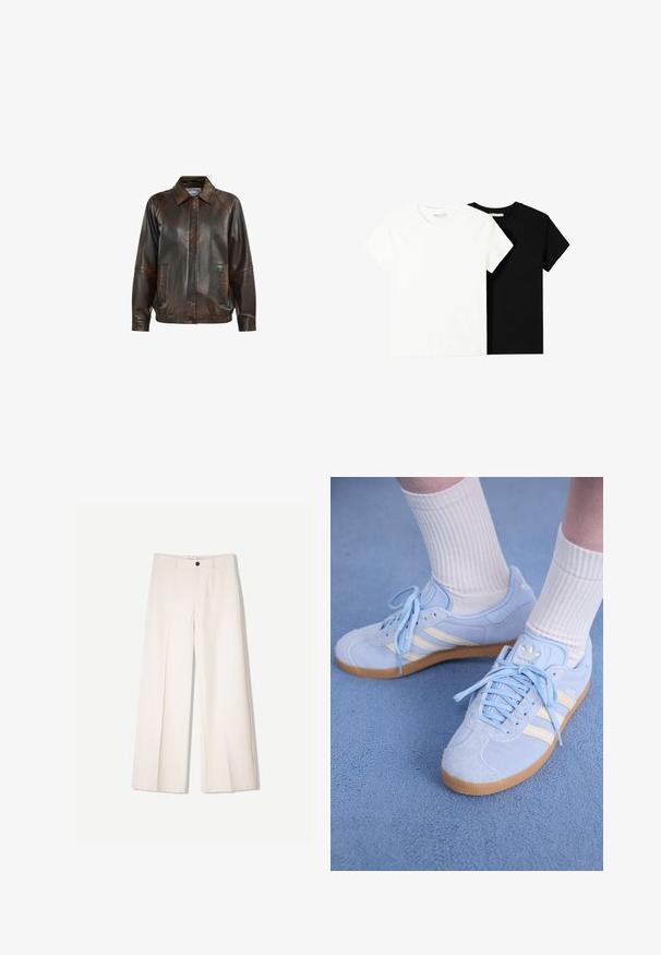 Bruine leren jas met een kraag, ritssluiting aan de voorzijde, twee zijzakken en een geribde tailleband, met een gladde textuur.; Twee t-shirts met korte mouwen, één wit en één zwart, gemaakt van katoen. Beide hebben een ronde halslijn en een eenvoudig, klassiek ontwerp.; Crème brede broek met een tailored ontwerp, voorzien van twee voorzakken en een enkele sluiting met een knop aan de voorkant, gemaakt van een gladde stof.; Lichtblauwe suède sneakers met witte strepen, platte veters en een gumrubberen zool. Geribbelde witte sokken worden boven de enkel gedragen.
