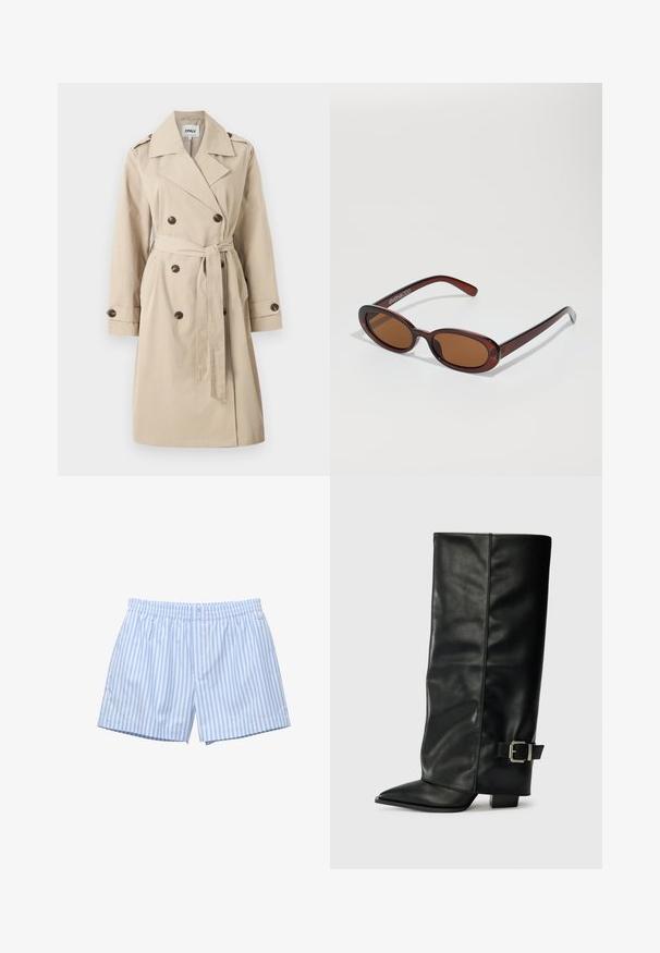 Béžový trenčkot s dvojitou knoflíkovou zapínáním, opaskem v pase, ramenními vycpávkami a bočními kapsami, vyrobený z hladkého materiálu.; Světle modrý pletený svetr s dlouhým rukávem a širokým kulatým výstřihem, jednoduchý styl a žebrované manžety a lem.; Světle modré pruhované boxerky vyrobené z měkké bavlny. Mají elastický pas, zavírání na knoflík a volný střih. Na boku je decentní logo.; Černé kožené kotníkové boty až po kotníky s špičatou špičkou, hladkým povrchem a stříbrnou sponou na boku. Masivní čtveritý podpatek.; Kulaté sluneční brýle hnědé barvy s lesklým burgundským rámem. Úzké nožičky s jemným logem. Rovné čočky.; Casio kvartzové hodinky s obdélníkovým stříbrným ciferníkem, zlatými akcenty a dvoubarevným kovovým náramkem ve stříbrné a zlaté barvě. Voděodolné.