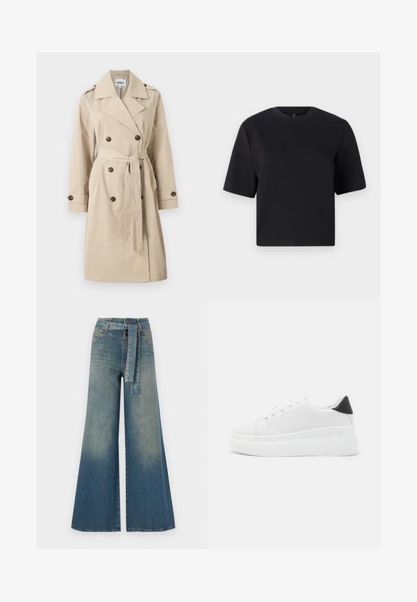 Cappotto trench beige con chiusura a doppio petto, vita con cintura, spalline e tasche laterali, realizzato in un tessuto morbido.; T-shirt nera a maniche corte, colletto rotondo, realizzata in cotone liscio; vestibilità rilassata, design minimale, senza motivi o accenti visibili.; Pantaloni in denim a gamba larga con una sfumatura che va dal blu chiaro al blu scuro, vita alta, passanti per cintura e una cintura in tessuto coordinato. Finitura in denim strutturato.; Sneakers platform bianchi realizzati in materiale sintetico liscio, con punta arrotondata, design con lacci e suola in gomma texture. Accento nero nel tallone.
