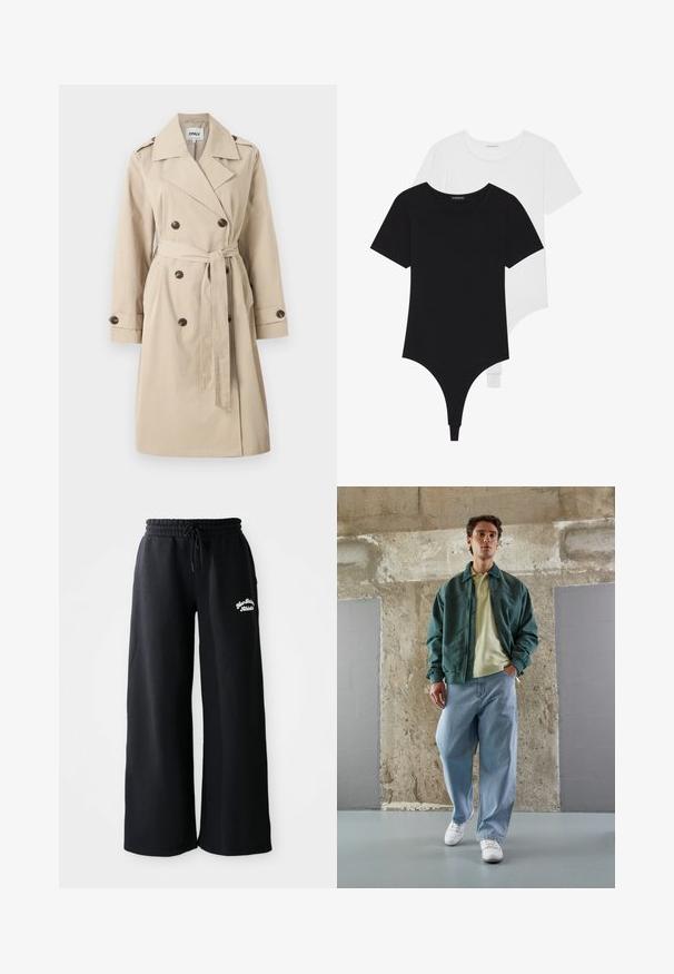 Bežinis puspaltis su dvigubomis sagomis, dirželiu ties juosmeniu, petinėmis juostelėmis ir šoninėmis kišenėmis, pagamintas iš lygios medžiagos.; Juodai balti trumpų rankovių bodžiai su apvaliais iškirpimais ir thong tipo apatiniais, pagaminti iš lygaus, tampraus audinio.; Juodi plačiakulkai sportiniai kelnių su raišteliu juosmenyje. Kairėje pusėje yra siuvinėtas tekstas, pagaminti iš minkštos medvilnės mišinio medžiagos.; Žalias bombonešis virš šviesiai geltonos polo marškinių, derinamas su laisvais mėlynais džinsais ir baltais sportbačiais. Švelnūs audiniai, laisvas siluetas, minimalus aksesuarų kiekis.