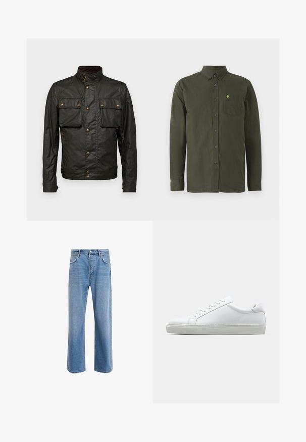 Mörkgrön vaxad bomullsjacka med hög krage, guldfärgad hårdvara, två bröstfickor och sidficka med dragkedja. Slät textur, robust design.; Mörkgrön långärmad skjorta med knappar, knäppkrage, bröstficka och liten gul broderad fågel-logotyp på fickan.; Ljust blå denimjeans med rak passform, fem fickor, knappstängning, minimal blekning och kontrasterande sömdetaljer.; Vit sneaker med en slät läderövre och låg profil. Har en rundad tå, sex snörhål och en strukturerad gummisula.