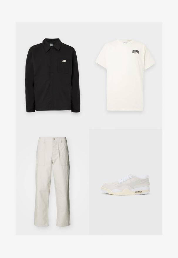 Casaco de nylon preto com design de colarinho, featuring pocket no peito e logotipo da New Balance. Textura suave e corte reto.; T-shirt de algodão na cor creme com mangas curtas, apresentando "NIKE SB" em texto preto e vermelho no peito. Gola redonda padrão.; Calças largas em bege claro, feitas de algodão. Apresentam bolsos frontais e fecho com botão. Textura suave com linhas verticais subtis.; Sapatilhas com um cabedal sintético beije claro, atacadores brancos e amortecimento visível. Apresentam uma sola suave e detalhes discretos nas laterais.