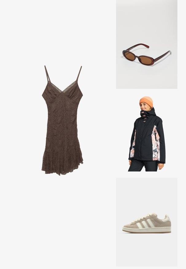 Schwarze Winterjacke mit rosa Blumen-Seitenpaneelen, hohem Kragen und Roxy-Branding. Kombiniert mit einer passenden orangefarbenen Strickmütze.; Braunes Spitzen-Camisole-Kleid mit dünnen Trägern, V-Ausschnitt, strukturiertem Stoff und rüschengesäumtem Saum. Zarte Blumenmuster durch den gesamten Stoff.; Hellbeige Wildlederschuhe mit weißen Lederstreifen und -schnürsenkeln, Gummisohle, gepolstertem Kragen und strukturierten Details auf der Oberseite.; Runde, braun getönte Sonnenbrillen mit einem glänzenden burgunderfarbenen Rahmen. Schlanke Bügel mit dezentem Branding. Flaches Linsendesign.; Braune Lederschultertasche mit strukturiertem Finish, geschwungener Form, goldfarbenen Beschlägen, verstellbarem Schulterriemen und Klappenverschluss.