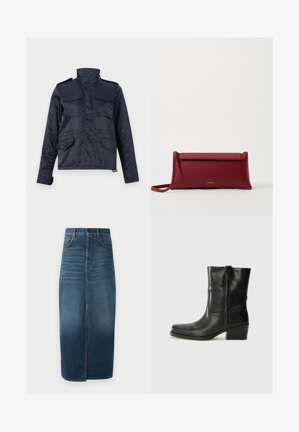 Tumesinine, veekindel jope kõrge kraega, kaheteistkümne rinna tasku ja kahe küljetaskuga; omab lukuga esiosa ja takjapaelu.; Valge lühikeste varrukatega pluus, millel on sinine lilleline tikand, ümar kaelus ja keerukad mustrid esi- ja varrukatel.; Tumedast indigo denim midi seelik, millel on ees jagu ja kerge pleekimine. Klassikaline viie taskuga disain koos metallist nööbi sulgemisega.; Musta nahast pahkluu saabas ümarate varvastega, plokknäppu, külgsepa ja pealsetel õmblusest aktsentidega. Sile tekstuur, klassikaline disain.; Punane nahkne käekott tekstuuriga viimistlusega, millel on lame voltimisosa ja lühike rihm. Pehme brändi logo ees.