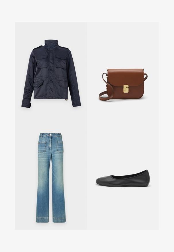 Marineblauwe, waterdichte jas met hoge kraag, twee borstzakken en twee zijzakken; beschikt over een rits aan de voorkant en klittebandaccenten.; Witte korte mouwen t-shirt van ribstof. Ronde halslijn, normale pasvorm en subtiele stiksels. Geen patronen of grafische elementen.; Lichtblauwe spijkerbroek met flared model, vijf zakken, riemlussen, knoopsluiting en een licht vervaagd textuur, met een rode logo-detail op de achterkant.; Zwarte leren ballerina met een ronde neus, gladde textuur, minimale stikdetails en een flexibele zoolontwerp.; Bruine leren handtas met een klep sluiting, gouden hardware, een schouderband en een gladde textuur. Compact rechthoekige vorm.