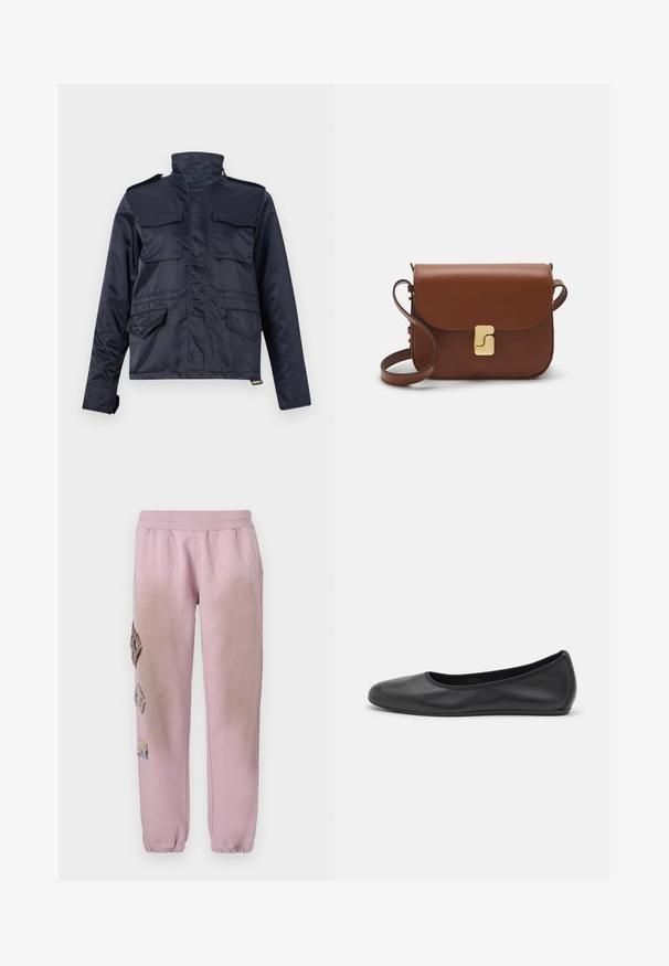 Marineblaue, wasserabweisende Jacke mit hochgeschlossenem Kragen, zwei Brusttaschen und zwei Seitentaschen; verfügt über einen Reißverschluss und Klettverschlüsse.; Weißes kurzärmliges T-Shirt aus geripptem Stoff. Runder Halsausschnitt, normale Passform und dezente Nähte. Keine Muster oder Grafiken.; Rosa Sweatpants mit elastischem Bund, verziert mit dekorativen Patches in Diamantform auf der linken Seite und elastischen Bündchen an den Knöcheln.; Schwarze Leder-Ballettschuhe mit abgerundeter Spitze, glatter Textur, minimalen Nähdetails und einem flexiblen Sohlen-Design.; Braune Ledertasche mit Klappenverschluss, Beschlägen in Goldfarbe, einem Schultergurt und einer glatten Oberfläche. Kompakte rechteckige Form.