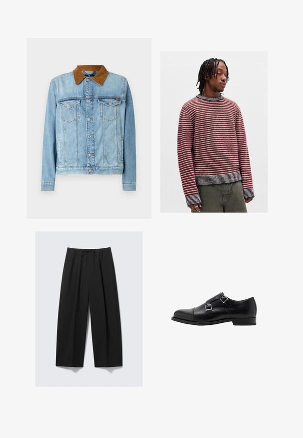 Svetlo modrá denimová bunda s hnedým kordovým golierom, dvoma náprsními vreckami, gombíkovým zapínaním a dlhými rukávmi. Trochu vyblednutá textúra.; Červený a šedý pruhovaný sveter s okrúhlym výstrihom, manžetami s rebrovaním a mierne skráteným strihom. Mäkká textúra s uvoľneným dizajnom.; Čierne široké nohavice z ľahkého materiálu s elastickým pásom a šnúrkou, bez viditeľných vreciek.; Čierne kožené topánky s dvojitým monk zapínaním, okrúhlou špičkou a striebornými sponami. Hladký povrch a plochý podpätok poskytujú stabilitu.