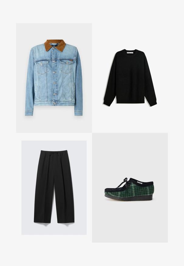 Világoskék farmerdzseki barna kordbársony gallérral, két mellzsebbel, gombos záródással és hosszú ujjakkal. Enyhén kopott textúra.; Fekete kötött pulóver kerek nyakkivágással, ejtett vállakkal, valamint bordázott mandzsettákkal és szegéllyel. A melegség érdekében textúrált anyaggal készült.; Fekete, bőszárú nadrág könnyű anyagból, rugalmas derékkal és húzózsinórral, látható zsebek nélkül.; Zöld és fekete mintás cipők nubuk felsőrésszel, lekerekített orral, fűzőkkel és textúrázott, gumitalppal.
