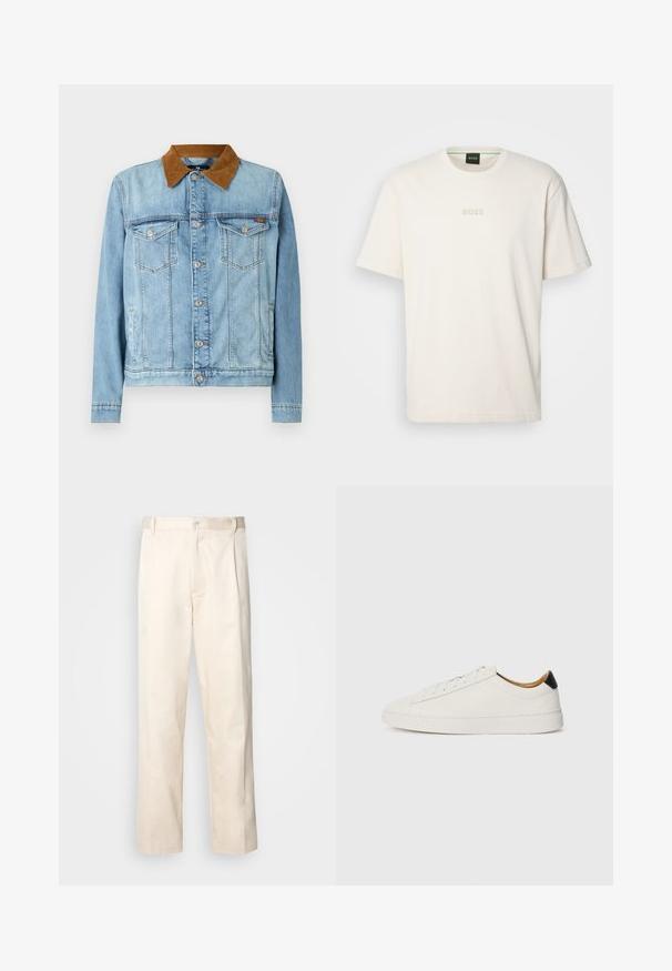 Vaaleansininen farkkutakki, jossa on ruskea samettikaulus, kaksi rintataskua, nappisuljenta ja pitkät hihat. Hieman haalistunut pinta.; BOSS TEE - T-paita - open white; Vaaleanbeige puuvillahousut, joissa on suora lahje, varustettu nappisulkeisella ja etupuolella olevilla laskoksilla lisäyksinä.; Valkoinen tennari, jossa on sileä nahkapinta, pyöreä kärki ja tasapohja. Musta yksityiskohta kantapäässä, jossa on samaa sävyä olevat nauhat ja minimaalinen brändäys.