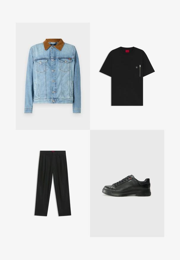 Light blue denim jacket with a brown corduroy collar, two chest pockets, button closure, and long sleeves. Slightly faded texture.; Black T-shirt made of cotton, featuring a round neck, short sleeves, and a chest pocket with a silver zipper detail. Small logo on pocket.; Black trousers with a pleated design, wide leg shape, and a smooth texture. Features a red waistband tag.; Black leather sneaker with textured upper, padded collar, and red logo detail. Features a thick rubber sole with distinct tread pattern.