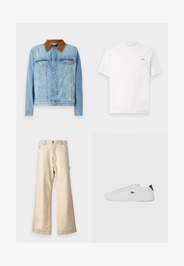 Ανοιχτό μπλε τζάκετ από τζιν με καφέ κοτλέ γιακά, δύο τσέπες στο στήθος, κλείσιμο με κουμπί και μακριά μανίκια. Ελαφρώς ξεθωριασμένη υφή.; Λευκό βαμβακερό μπλουζάκι με κοντό μανίκι, που διαθέτει ένα διακριτικό κεντημένο λογότυπο και μινιμαλιστικό σχέδιο. Μαλακή υφή, στρογγυλή λαιμόκοψη.; Μπεζ παντελόνι με φαρδιά στρίφωμα, φτιαγμένο από βαμβάκι, με κλείσιμο φερμουάρ και κουμπί, που διαθέτει αντίθετο ράψιμο και πλαϊνές τσέπες.; Λευκό δερμάτινο sneakers με στρογγυλή μύτη, κορδόνια μπροστά και μαύρη λεπτομέρεια στη φτέρνα. Διαθέτει ένα μικρό κεντημένο λογότυπο κροκοδείλου στο πλάι.