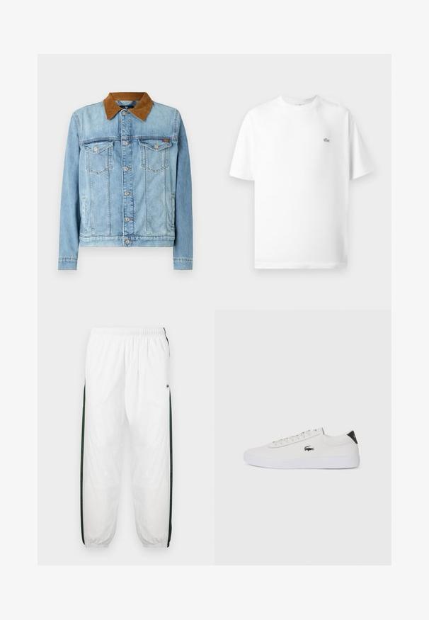 Šviesiai mėlyna džinsinė striukė su rudomis šenilinėmis apykaklėmis, dviem krūtinės kišenėmis, sagų uždarymu ir ilgomis rankovėmis. Šiek tiek išblukusi tekstūra.; Balta medvilninė marškinėlių su apvaliu kaklu ir trumpomis rankovėmis. Yra mažas juodas Lacoste logotipas kairėje krūtinės pusėje.; Baltos treniruočių kelnės su tamsiai žaliais šonų juostelėmis. Lengva medžiaga, elastinga juosmens juosta ir apASPIRUOTI rankogaliai. Šonų juostelėse yra tinklelio tekstūra.; Balti odiniai sportbačiai su apvalia nosimi, raištelių užsegimu priekyje ir juodu akcentu ant kulno. Šone yra mažas išsiuvinėtas krokodilo logotipas.