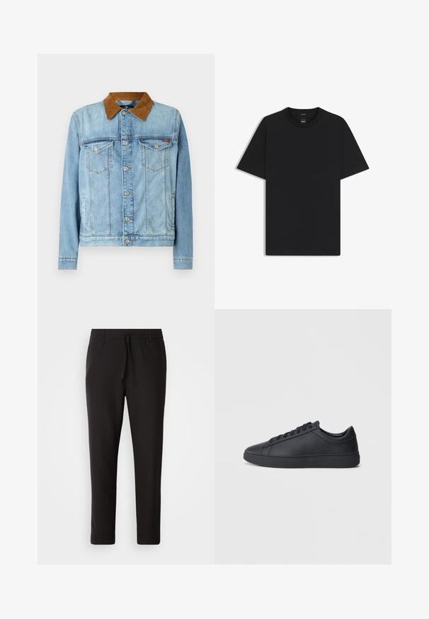 Chaqueta de mezclilla azul clara con un cuello de pana marrón, dos bolsillos en el pecho, cierre de botón y mangas largas. Textura ligeramente descolorida.; Camiseta negra de manga corta fabricada con una suave mezcla de algodón, que presenta un cuello redondo y un diseño minimalista sin patrones ni acentos.; Pantalones de chándal negros de tejido suave. Cuentan con una cintura elástica con cordón, piernas ajustadas y sin bolsillos visibles. Diseño sencillo.; Zapatillas negras de cuero liso con diseño bajo, puntera redonda y suela plana de goma. Presentan cordones y una marca sutil.