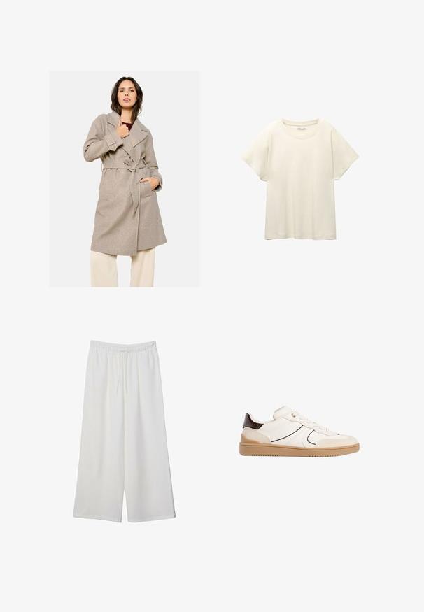 Béžový kabát s opaskom, ktorý má límec, dve predné vrecká a textúrovanú tkaninu. Nosený na tmavom topi s dlhými rukávmi.; Svetlo béžové tričko s krátkym rukávom a okrúhlym výstrihom, vyrobené z jemnej, hladkej tkaniny. Má voľný strih a rovný lem.; Biele široké nohavice z ľahkého materiálu s elastickým pásom a šnúrkou na nastavenie veľkosti. Hladká textúra.; Stradivarius Tenisky - white