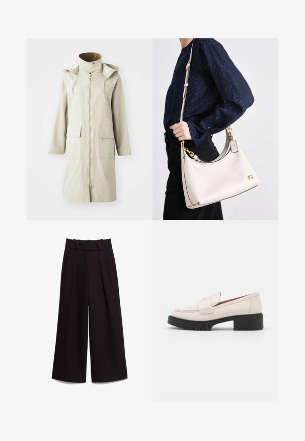 Világos bézs vízálló kabát magas gallérral, elülső cipzárral, két nagy elülső zsebbel, állítható kapucnival és sima textúrával.; Fehér, hosszú ujjú, galléros ing, amely pamutból készült. Gombos elülső része és egyetlen mellzsebe van. Simított textúra, laza szabás.; Fekete, bő szárú nadrág sima anyagból, magas derekkal, övhurkokkal és két elülső zsebbel. A plisszírozott kialakítás textúrát ad.; Világos bézs bőrcipők, vart elülső résszel és texturált fekete platform sarkal. Ívelt formatervezés és enyhe emelkedés jellemzi.; Egy bézs bőrtáska sötét díszítéssel, ívelt szilhouette-tel, arany hardware-rel és levehető pánttal, melyet az oldalán tartanak egy sötét öltözék ellen.