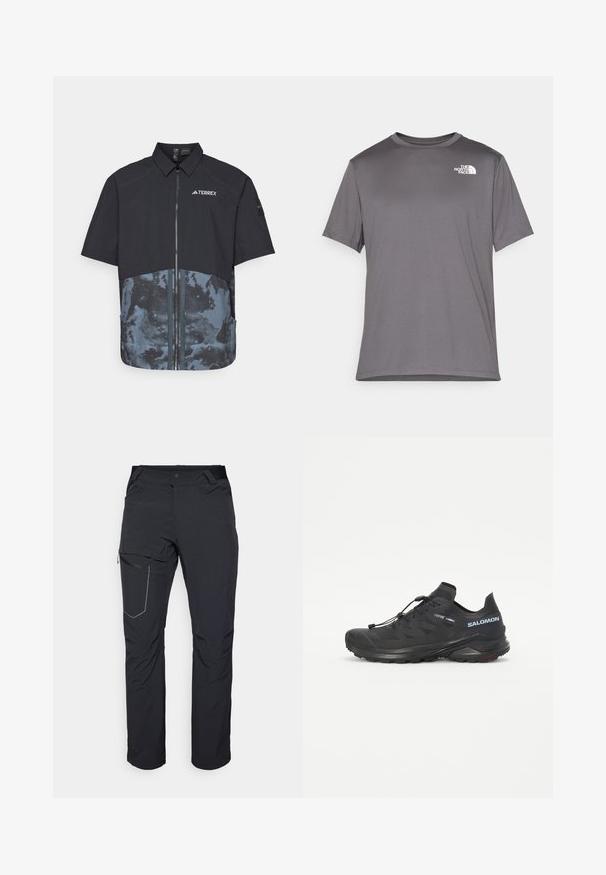 Schwarzes T-Shirt mit kurzen Ärmeln und Reißverschluss an der Vorderseite, mit einem blauen abstrakten unteren Panel und weißem TERREX-Logo auf der Brust.; Graues sportliches T-Shirt mit kurzen Ärmeln, aus glattem, leichtem Stoff. Verfügt über ein weißes Logo auf der linken Brustseite. Rundhalsausschnitt.; Schwarze Outdoor-Hosen mit einem Reißverschlusstaschen an den Oberschenkeln, elastischem Bund und glattem, wasserabweisendem Stoff. Sauberes Design ohne sichtbare Logos.; Schwarzer Trailschuh zum Laufen mit einer strukturierten Oberseite, elastischen Schnürsenkeln und Contagrip-Außensohle. Bietet eine eng anliegende Passform und eine schützende Zehenkappe.