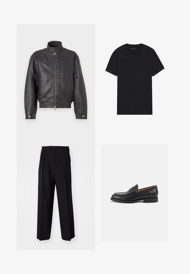 Must must rock, mille (vertikaal pidev) ja sirge gipiga, all sirgeid eestpoole ja taskud. Sujuv struktuur minimaalsed detailid.; Mustalane puuvillane t-särk lühikeste varrukatega ja ümarate kaelustega. Kangas on sileda tekstuuriga ja lihtsa, ühtlase disainiga.; Mustad volditud püksid sirge ja laia säärega disainiga. Valmistatud siledast kangast, millel on nuppudega sulgemine ja vööaasad.; Mustad mustad nahast loafers, sujuva viimistlusega, ümar sirge ja dekoratiivne tikand peal. Madal ja kergelt kuhjatud konts ning kerge läige.