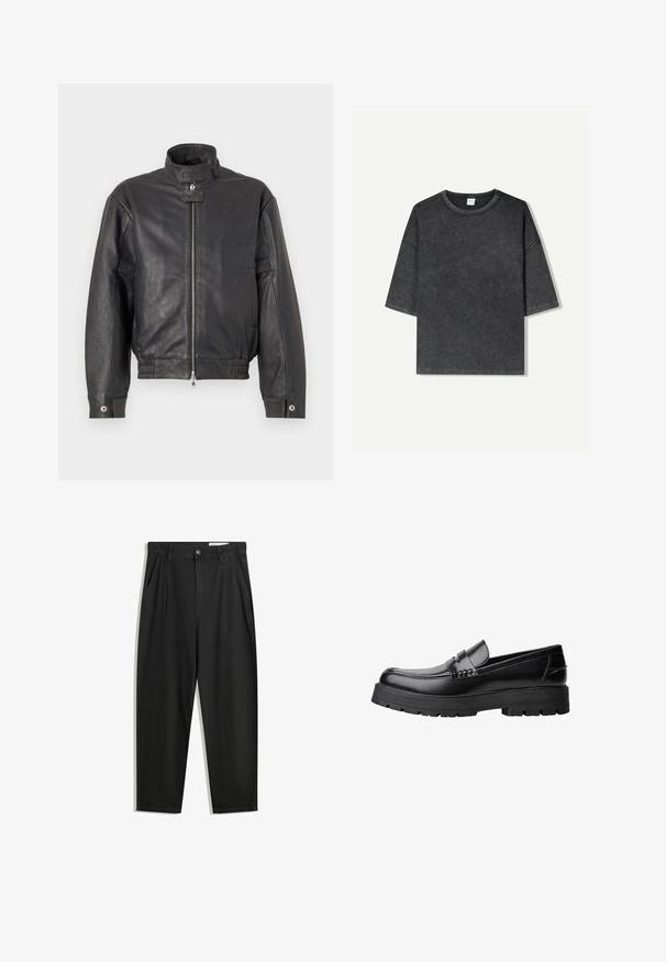 Zwarte leren jas met een staande kraag, ritssluiting aan de voorkant, elastische onderrand en zijzakken. Soepele textuur met minimale details.; Overmaat korte mouwen t-shirt in donkergrijs, gemaakt van katoen. Heeft een ronde halslijn en zichtbare stiksels langs de randen.; Zwarte katoenen broeken met een losse pasvorm, voorzien van een klassieke tailleband, voorplooien en zijzakken. Gladde structuur zonder patronen.; Zwarte leren loafer met een chunky profielzool en een decoratieve band over de bovenkant, weergegeven in het linkerzijprofiel op een witte achtergrond.