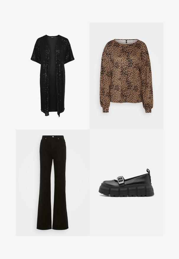 Crni kimono s naborima, otvorenog prednjeg dijela, kratkim rukavima i slobodnim krojem. Vanjska strana ima sjajnu teksturu, dok je unutrašnjost glatka.; Smeđi pulover s dugim rukavima, s crnim uzorkom leoparda, širokim izrezom i elastičnim manžetama. Mekana, teksturirana tkanina s opuštenim krojem.; Visoke crne široke traperice od denima, sa zakopčavanjem na dugme, bočnim džepovima i glatkom teksturom.; Crne platforme loaferice s zaobljenim nožnim prstom, glatka kožna gornja strana, podesiva kopča i strukturirana gumena potplat s horizontalnim rebrima.