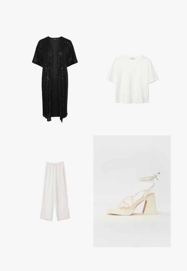 Svart paljettkimono med öppen framsida, korta ärmar och avslappnad passform. Ytan har en glittrande textur och en mjuk insida.; Vit t-shirt med kort ärm i bomull. Har en rundad halsringning och en avslappnad passform. Slät textur utan synliga mönster eller detaljer.; Vita vida byxor i vid passform gjorda av ett lättviktsmaterial. Har en elastisk midja med dragsko och sidofickor. Slät textur.; Vit högklackad sandal med en kraftig klack, med ett remdesign och ankelband. Slät textur med en plattform framtill för ökad höjd.