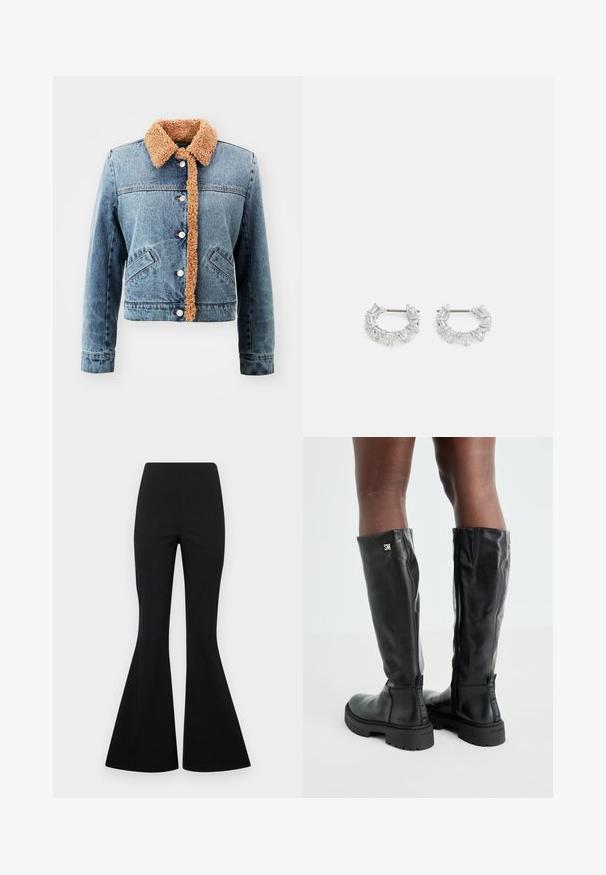 Džinsinė striukė su rudais dirbtiniais avikailio apykakle, priekiniais užsegimais, dviem šoninėmis kišenėmis, trumpa ilgine ir šviesiai mėlyna išblukusia spalva.; Šviesiai pilkas trumpas megztinis su juodais ir baltais gėlių raštais, apvaliu iškirpimu ir gumburuotomis rankovėmis. Minkšta tekstūra, laisvalaikio dizainas.; Juodos plačios kelnės, pagamintos iš tamprių audinių su lygiu paviršiumi, turi aukštą liemenį ir plačias, varpo formos kojas.; Juodos iki kelių odinės botai su lygiu paviršiumi, apvaliu pirštu, stambiu padu ir užtrauktuku. Ant šono yra sidabrinė logo.; Sidabrinės auskarų kabliukų formos auskarai, papuošti aiškiais, stačiakampiais ir trikampiais kristalais, kurie išdėstyti raštuotu dizainu. Tvirtinimai, užtikrinantys saugų prilaikymą.