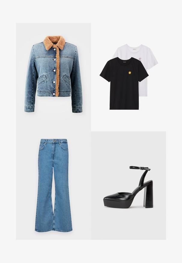 Jeansjacka med en tan faux shearling-krage, framknappar, två sidofickor, kort längd och en ljusblå blekt tvätt.; Svart och vit T-shirt, rund hals, korta ärmar. Den svarta skjortan har gul solbroderi; den vita har lila halvmåneaccent.; Ljust blå vida jeans i denim, med hög midja, fem fickor och en enda knappstängning. Mjuk textur med blekt finish.; Svarta plattformsskor med spetsig tå och justerbart vristband. Tillverkade av mjukt läder, med en kraftig blockklack.