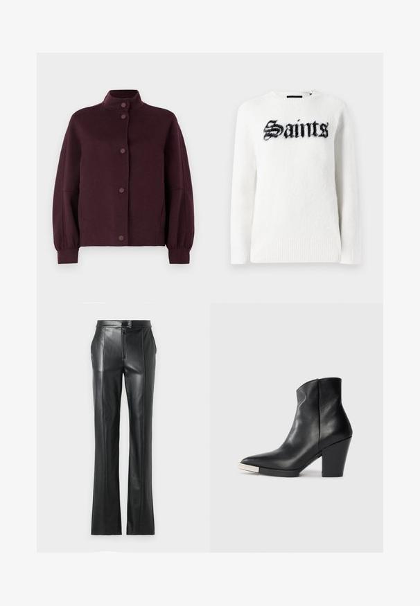 Dark purple button-up wool jacket with high collar, long slightly puffed sleeves, and fitted cuffs on a white background.; White sweater in plush fabric featuring a black "Saints" graphic on the front. Round neck, long sleeves, and ribbed hem detailing.; Black leather pants with a straight fit, high waistband, zip closure, and visible stitching details along the seams. Smooth texture.; Black leather ankle boot with a pointed toe, high block heel, and silver toe cap detail. Smooth texture and simple design.