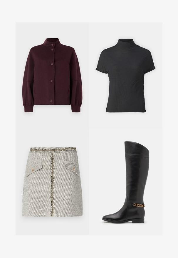 Mørk lilla uldjakke med knaplukning, høj krave, lange let puffede ærmer og tætsiddende manchetter på hvid baggrund.; Sort kortærmet turtleneck top lavet af letvægtsstof med en glat tekstur og en tætsiddende pasform, der har en høj hals.; Vævet tweed nederdel i hvid og sort herringbone mønster, med to for- lommer og en guldfarvet lynlås bagpå med frynset kant.; Høje sorte læderstøvler med et slankt design, spids tå og en guld kædeaccent ved anklen. Lav blokhæl. Glat overflade.