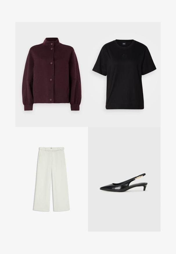 Dark purple button-up wool jacket with high collar, long slightly puffed sleeves, and fitted cuffs on a white background.; Black cotton t-shirt with a crew neckline, short sleeves, and an embroidered logo on the chest. Simple, relaxed fit with no patterns.; Wide-leg pants in light cream fabric, featuring side pockets, a flat front, and a single button closure at the waist. Smooth texture.; Black leather slingback heels with a pointed toe, featuring a slim heel and a gold-tone accent on the adjustable strap. Smooth texture.