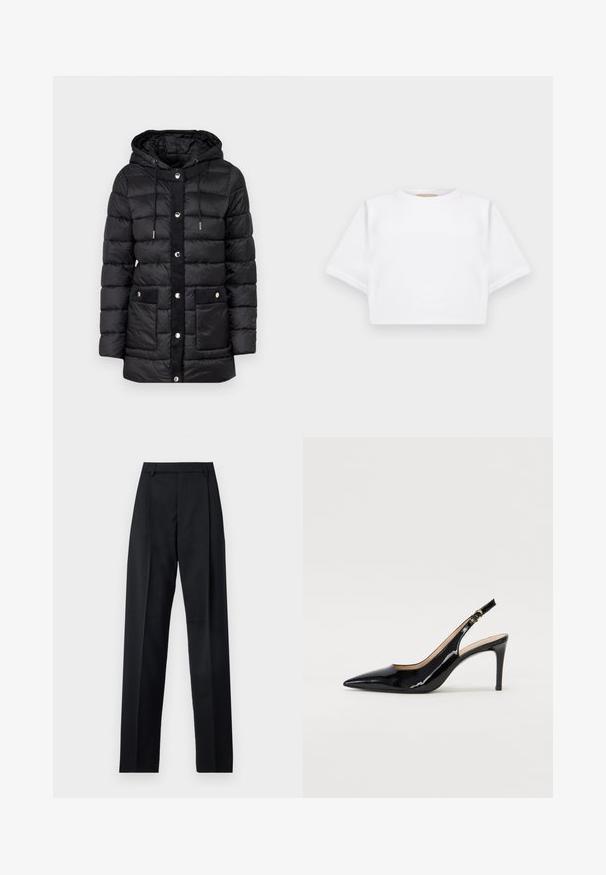 MICHAEL Michael Kors HOODED LONGLINE PACKABLE - Vinterfrakke - black; KFrakelse hvid t-shirt lavet af blødt stof, med korte ærmer, rund halsudskæring og ribbede nederste detaljer. Enkel og udekoreret design.; Sorte bukser lavet af glat stof, der har høj talje, brede ben, frontfolder og klassiske bælteløkker. Ingen synlige sidelommer.; Sort patenteret læder slingback stiletto med spids tå, slank hæl og et subtilt udskæringsdesign. Har en gylden spænde på remmen.