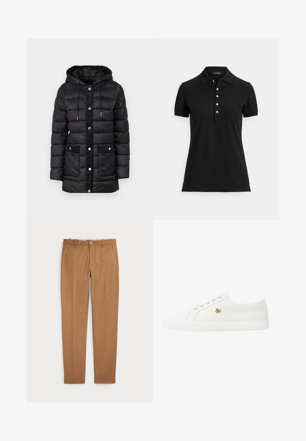 MICHAEL Michael Kors HOODED LONGLINE PACKABLE - Wintermantel - black; Zwart poloshirt van gestructureerde stof, met een kraag, korte mouwen en een knopenlijst met gouden knopen. Subtiel logodetail op de borst.; Bruine katoenen broeken met een slim-fit ontwerp, vlakke voorkant en standaardzakken; gladde textuur en afgewerkte manchetten.; Lauren Ralph Lauren JANSON II CANVAS SNEAKER - Sneakers laag - optic white