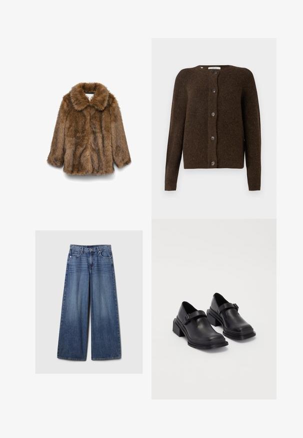 Hnedý umelý kožuch s dlhými rukávmi a širokým golierom, vystavený na jednoduchej bielej prezentácii.; Hnedý pletený kardigán vyrobený z jemného materiálu, s okrúhlym výstrihom, prednými gombíkmi a dlhými rukávmi. Textúrovaný povrch po celom obvode.; Tyrkysová blúzka s golierom, predným zapínaním na gombíky a dlhými rukávmi. Vyrobená z textúrovanej tkaniny s nariasenými manžetami.; Džíny s širokými nohavicami v modrej farbe s vyblednutým povrchom, s gombíkom a zipsom, piatimi vreckami a pútkami na opasok.; Čierne kožené topánky s okrúhlou špičkou, plochou podrážkou a remienkom s detailom pracky. Hrubý blokový opätok pre väčšiu stabilitu.