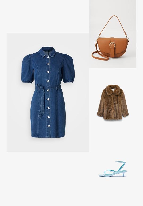 Ruda dirbtinė kailio striukė su ilgomis rankovėmis ir plačiu apykakle, eksponuojama ant vientiso balto fono.; Tamsiai mėlyna džinsinė suknelė su pūstomis trumpomis rankovėmis, apykaklės iškirpte, priekyje su sagų užsegimu ir per juosmenį surišamu diržu. Glotni tekstūra.; Šviesiai mėlynos guminės sandalai su kvadratiniu pirštu, žemu kulnu, reguliuojama kulkšnies juosta ir lygiu, blizgiu paviršiumi. Kryžminiai dirželiai ant pado.; Ruda odinė kryžminė rankinė, turinti kreivą formą, auksinius metalinius elementus ir sagtį. Yra nuimama petneša.