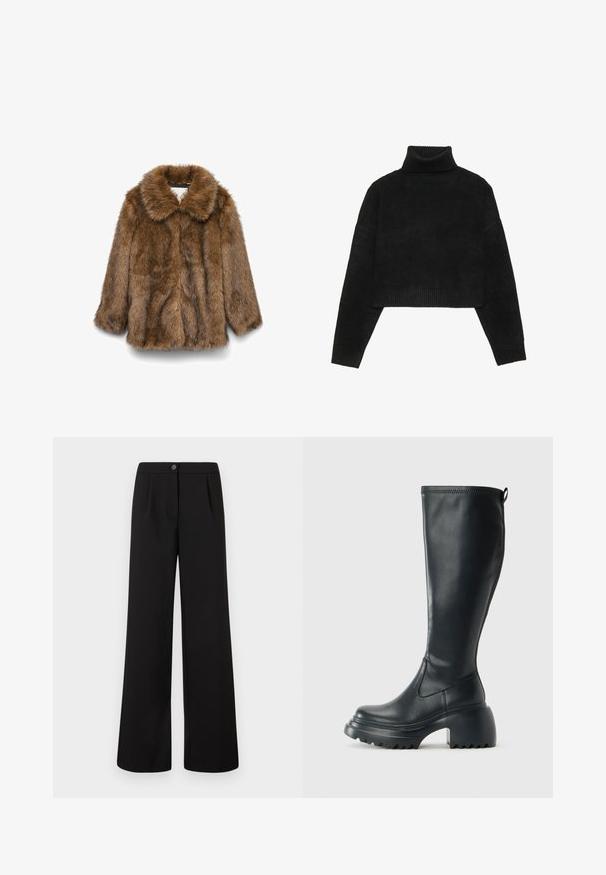 Brun kunstpelsjakke med lange ermer og bred krage, vist på en enkel hvit bakgrunn.; Svart cropped genser med ribbestrikket høy hals og mansjetter, med en jevn tekstur og avslappet passform. Enkel, minimalistisk design.; Svarte høytlivde vide bukser med frontknapp og glidelåslukking, med subtile folder under midjen.; Høy svart lærstøvel med chunky plattformsåle og blokkhelt, med trekkstang og teksturert mønster på yttersålen.