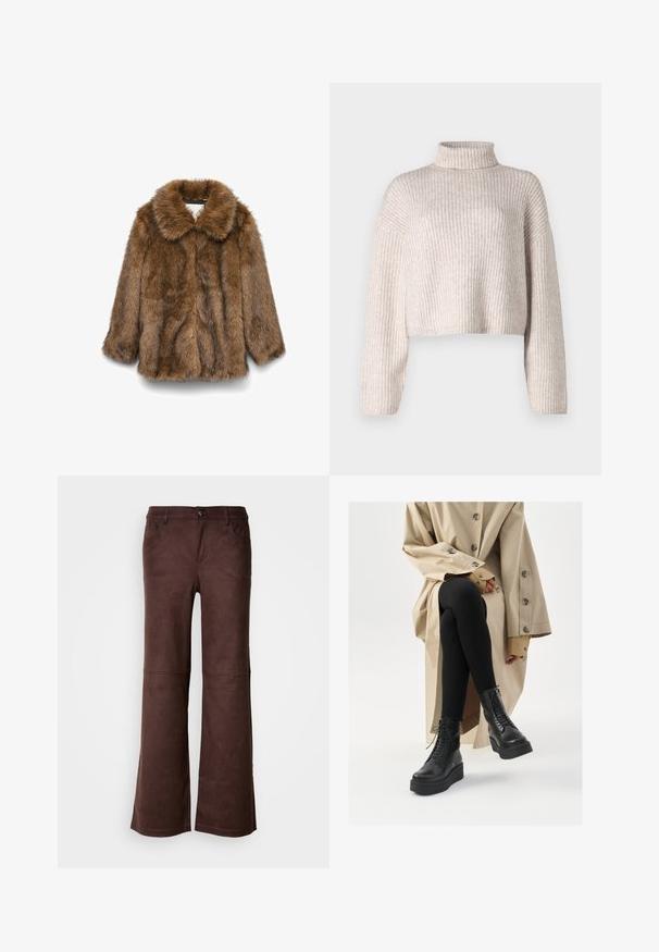 Ruda dirbtinė kailio striukė su ilgomis rankovėmis ir plačiu apykakle, eksponuojama ant vientiso balto fono.; Kreminė įsirašyta megztinė su aukštu apykakle, trumpa dermatologija ir ilgomis rankovėmis. Minkšta tekstūra, lengvas audinys ir minimalus dekoravimas.; Rudos plačios kelnės iš minkštos, panašios į zomšą medžiagos. Turi keturias kišenes, sagų užsegimą ir lygią, tekstūruotą paviršių.; Juodi odiniai auliniai batai iki kulkšnių su raištelių detalėmis, pakelta platforma, ir faktūrinės juodos kelnės, derinamos su šviesiai smėlinės spalvos paltu.