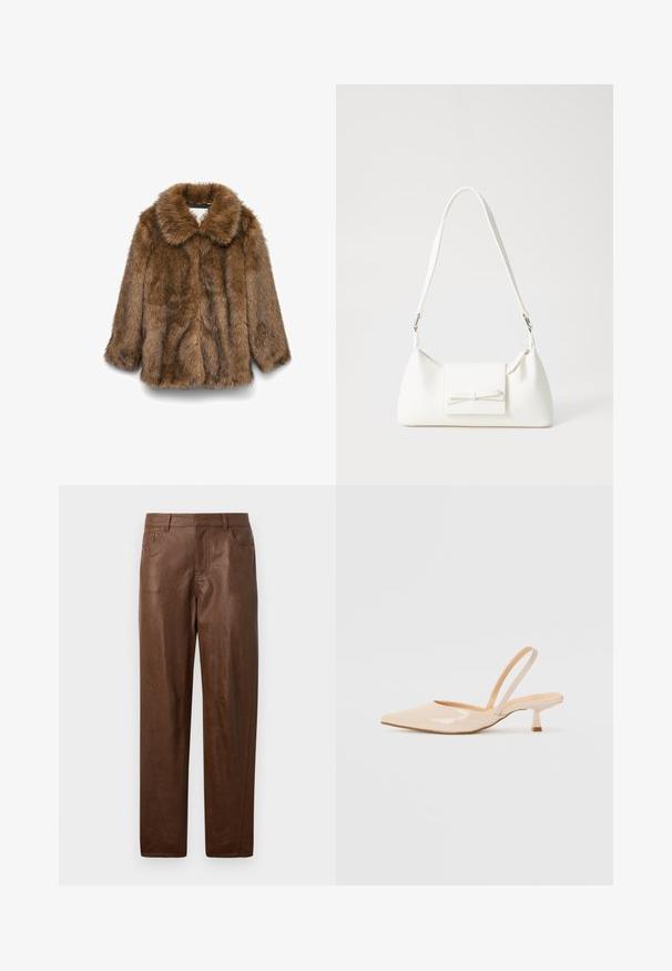 Pruun kunstnahast jakk pikade varrukatega ja laia kraega, esitatud lihtsal valgel taustal.; Valge pluus sügava V-kaelusega, pikkade puhvplyksidega, elastse vöökohtadega ja lillemustri detailidega. Seljal on nööriga kinnitamise võimalus.; Pruun nahkpükste siledast kangast, sirge jala disainiga ja kahe küljetaskuga. Omab nähtavaid õmbluse detaile.; Beežist lakitud nahast slingback kontsad terava nina ja peene ruudukujulise kontsaga. Sile tekstuur ja minimalistlik disain ilma kaunistusteta.; Valge sünteetilisest materjalist kott kolmnurkse kujuga, lame esiklapiga ja kaaredetailiga, reguleeritava rihmaga, sileda tekstuuriga ja minimalistliku disainiga.