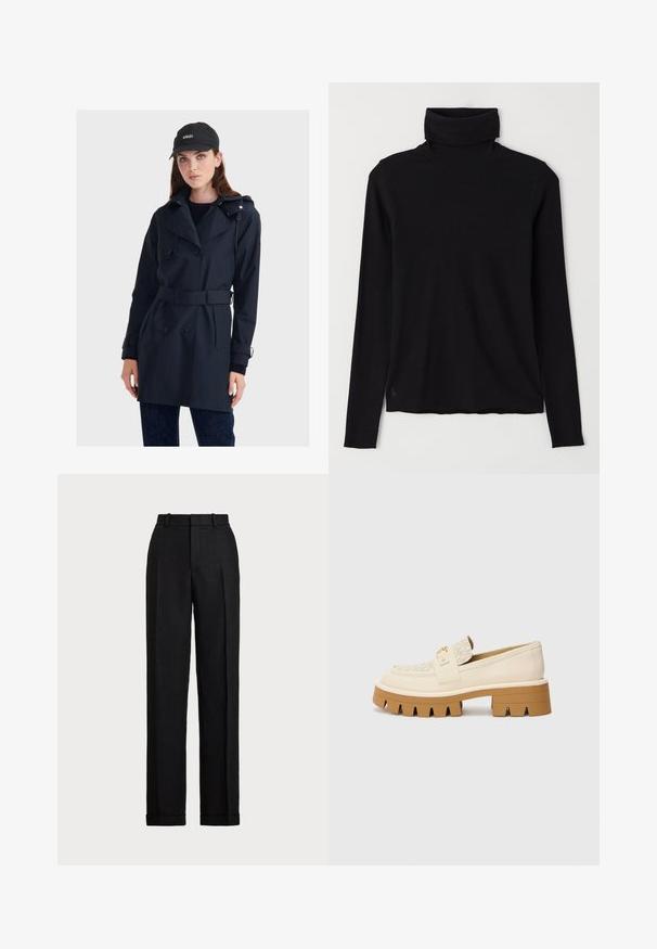 Námorná vodeodolná trench coat s dvojitým zapínaním, opaskom v páse a kapucňou. Má hladkú textúru a priliehavý strih.; Čierna roláková mikina z rebrového materiálu. Dlhé rukávy, priliehavý strih a mierne uvoľnený lem bez viditeľných vzorov alebo kovania.; Čierne, vysoko pásové nohavice z ľanu. Majú rovný strih, záhyby a manžety na leme. Bez viditeľných vreciek alebo zapínania.; Beige mokasíny s textúrovaným krémovým popruhom, s masívnou hnedou podrážkou s tvarmi podobnými zubom. Zlatý akcent na detaile s prackou.