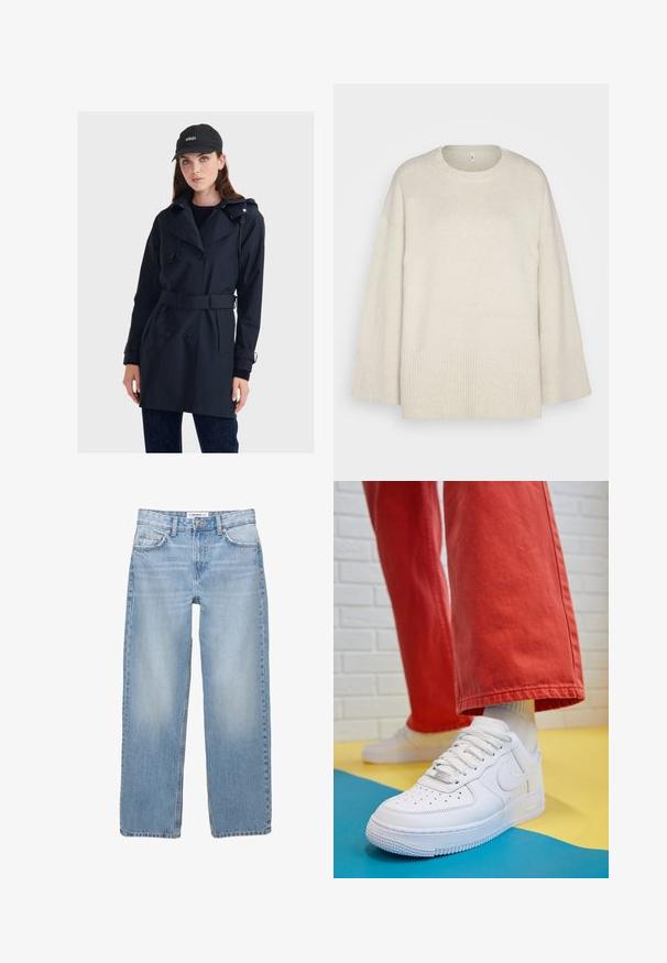 Mornarska nepromočiva trench jakna s duplim kopčanjem, remenom u struku i kapuljačom. Ima glatku teksturu i uski kroj.; Svijetlo bež pulover napravljen od mekanog pletiva, s okruglim izrezom, spuštenim ramenima i rebrastim detaljima na rubu i rukavima.; Svijetloplave traperice s ravnim nogavicama, pet džepova i vidljivim detaljima šavova. Tkanina ima mekan, blago izblijeđen izgled.; Bijele kožne tenisice s perforiranim prednjim dijelom, teksturiranim đonom i bijelim vezicama, u kombinaciji s širokim crvenim hlačama i plavo-žutom pozadinom.