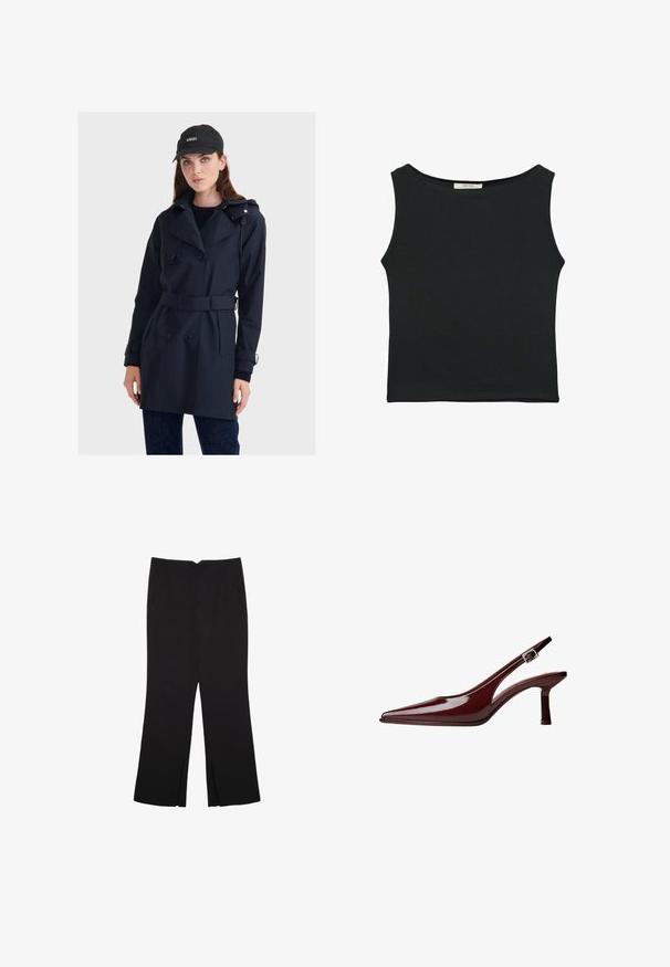 Námorná vodeodolná trench coat s dvojitým zapínaním, opaskom v páse a kapucňou. Má hladkú textúru a priliehavý strih.; Čierny bezrukávový top vyrobený z hladkej tkaniny, s okrúhlym výstrihom a priliehavým strihom bez viditeľných vzorov alebo ozdôb.; Čierne nohavice so strihom rovného strihu, s prednými vreckami a bočnými rozparkami na leme. Vyrobené z mäkkej, hladkej tkaniny. Vhodné na rôzne príležitosti.; Bordová patentná koža slingback lodička s špicatou špičkou, stredne vysokým kitten podpätkom a strieborným prackovým pásikom na bielom pozadí.