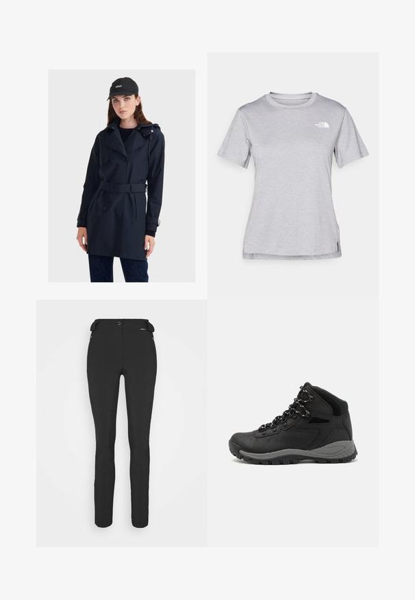 Námořnický voděodolný trench coat s dvojitými knoflíky, páskem v pase a kapucí. Má hladkou texturu a dobře padnoucí design.; Šedé tričko s krátkým rukávem vyrobené z měkké, vlhkosti odvádějící tkaniny. Obsahuje kulatý výstřih a malé bílé logo na levém horním rukávu.; Černé, přiléhavé kalhoty vyrobené z pružného materiálu. Mezi funkce patří boční kapsa na zip, anatomické kolena a hladký povrch.; Černé turistické boty s mírně vyšším střihem, které mají texturovaný svršek, šedé detaily a odolnou gumovou podrážku s trakčními výstupky.